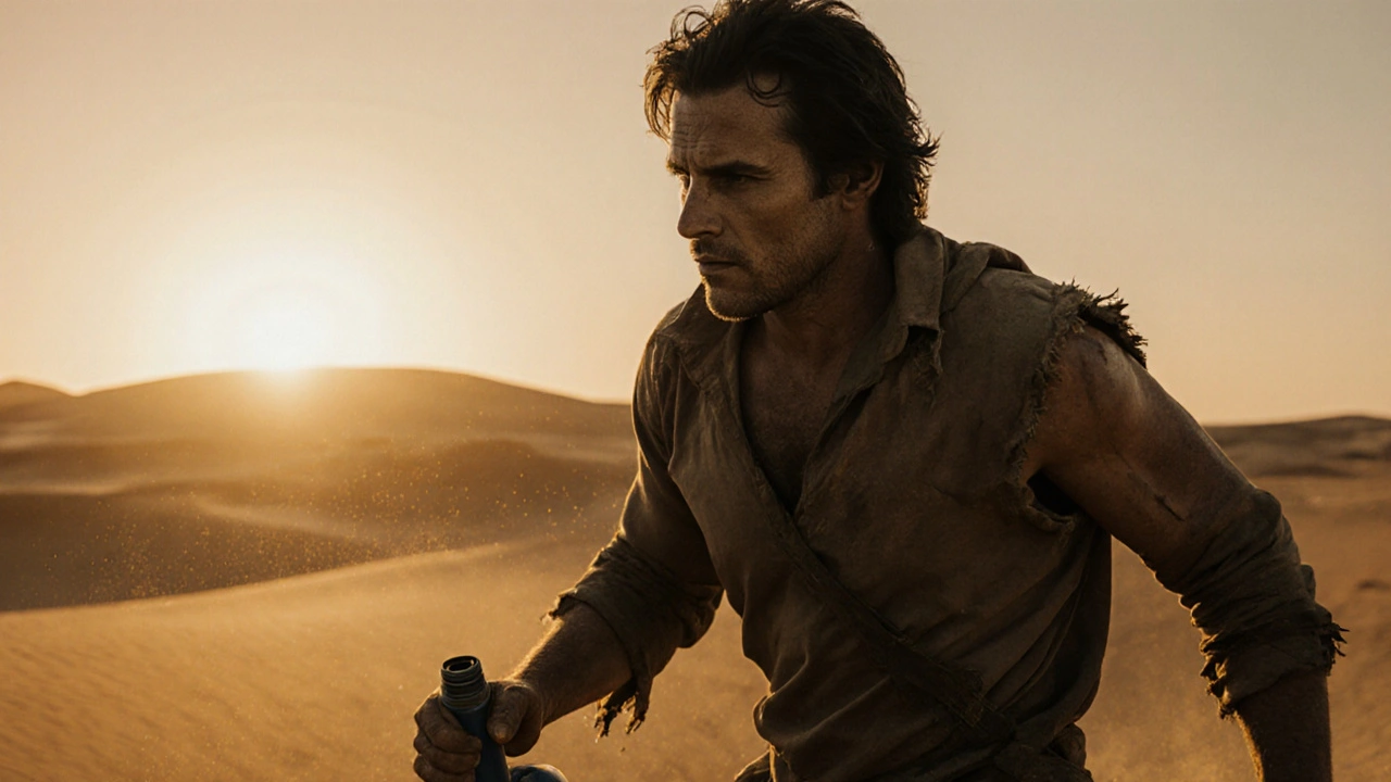 A character covered in dust and sweat stumbles through a desert at golden hour, clothes torn and makeup cracked.