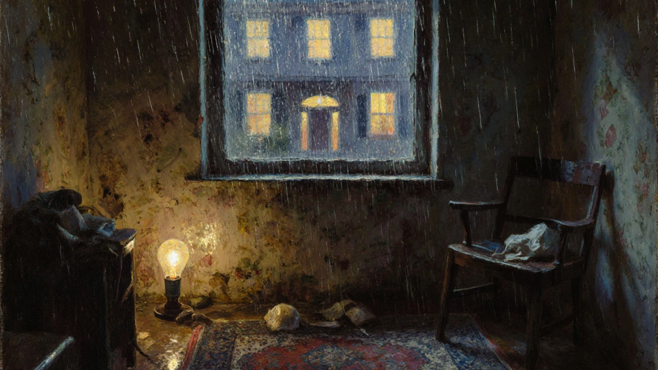 A damp, cluttered half-basement apartment with rain-blurred windows and a distant view of a luxurious home above.