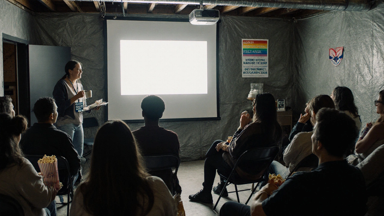 A diverse group of people watching a film in a library basement, one volunteer offering tea in the corner.