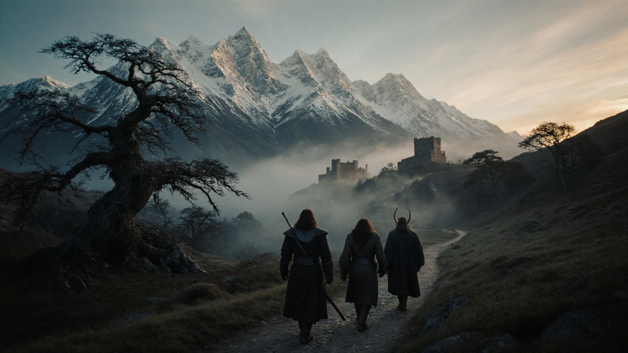 A fellowship walks through misty mountains toward a fortress at dawn in Middle-earth.
