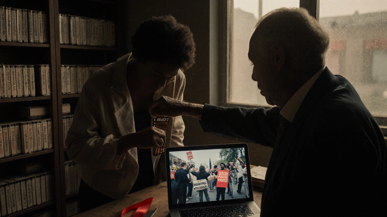 A filmmaker and activist in an archive room, carefully handling historic LGBTQ+ film reels from the AIDS era.