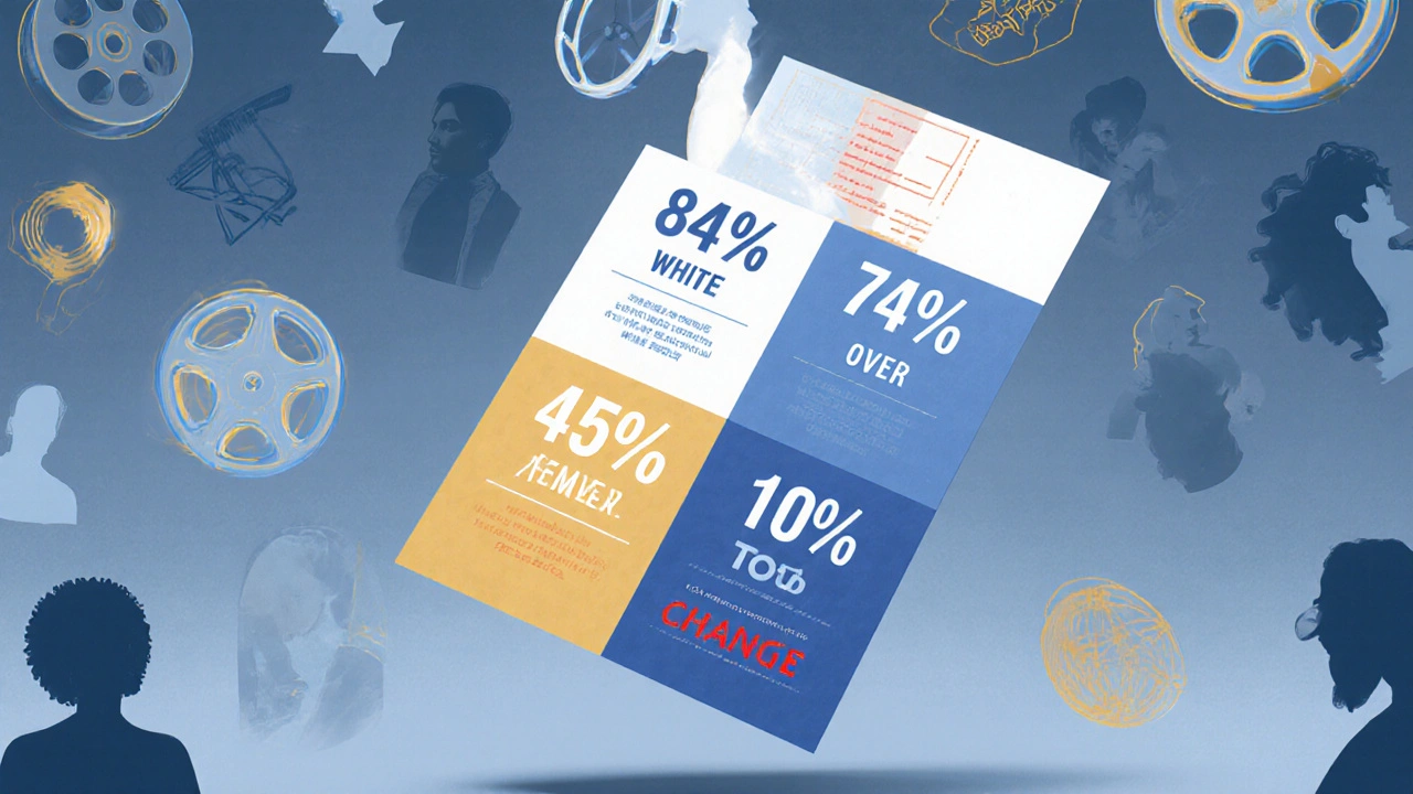 A floating ballot divided by demographic percentages, surrounded by film reels and streaming icons in surreal digital art.