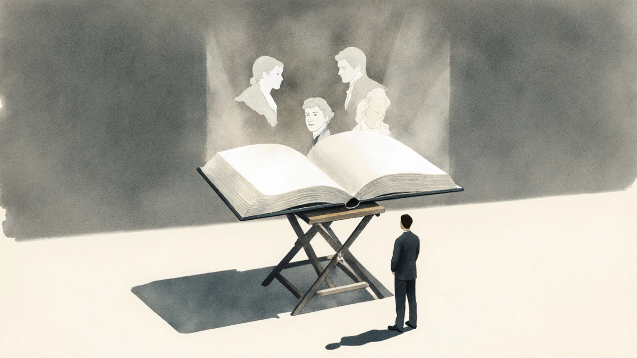 A floating book with literary characters emerging, one actor&#039;s shadow perfectly aligned with their spirit.