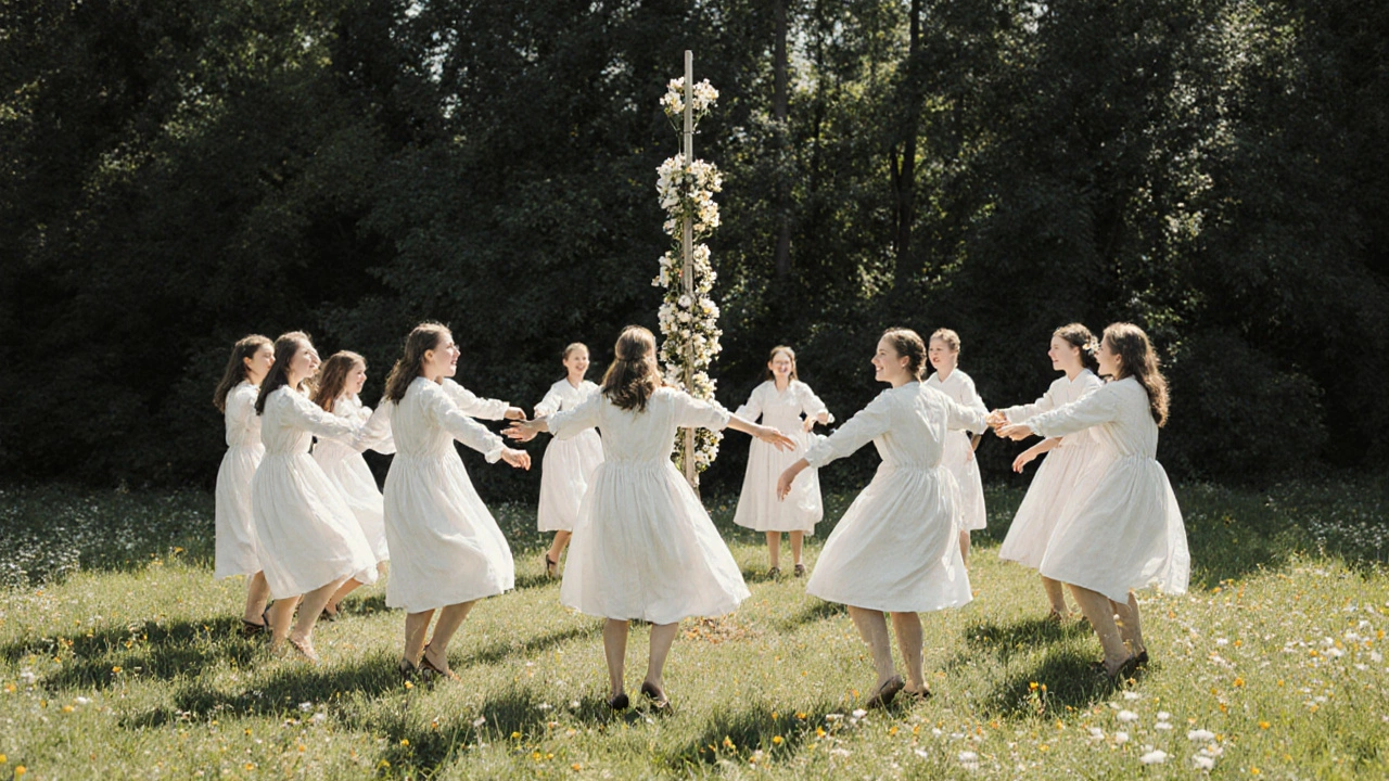 A group dances in bright daylight around a flower-covered maypole, their expressions eerily still.