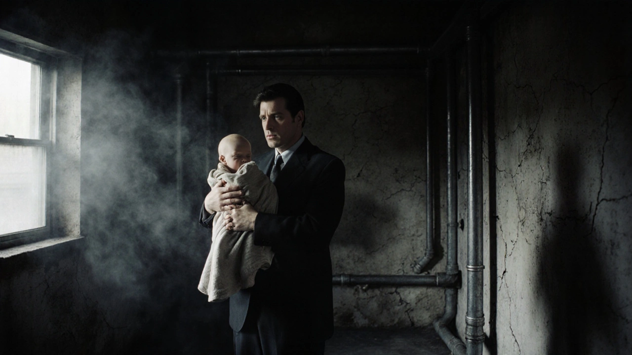 A man holding a deformed baby in a dark, steam-filled apartment under eerie lighting