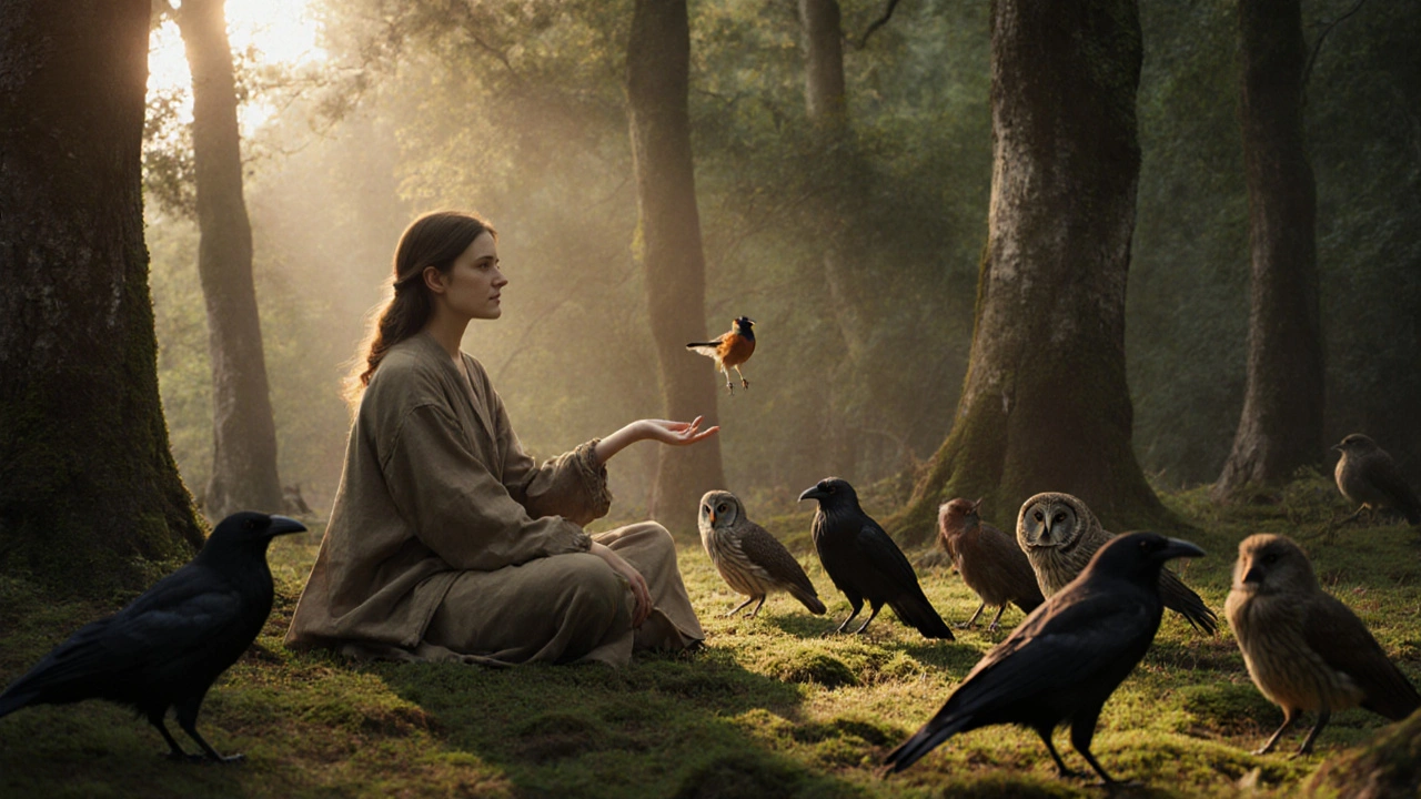 A mute woman surrounded by birds in a forest, silent communication, golden hour light filtering through trees.