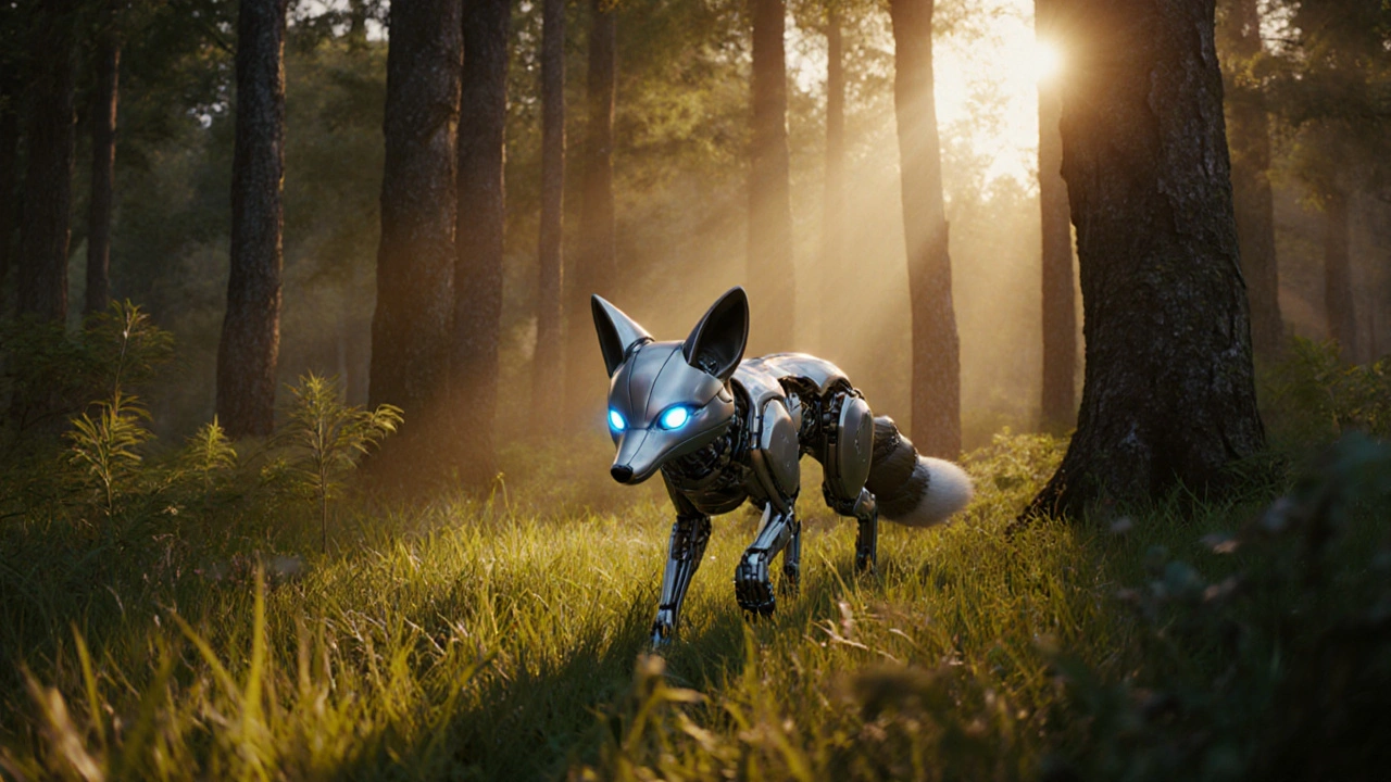 A photorealistic CGI fox with metallic fur emerges from a hyper-detailed forest, lit by golden sunlight.