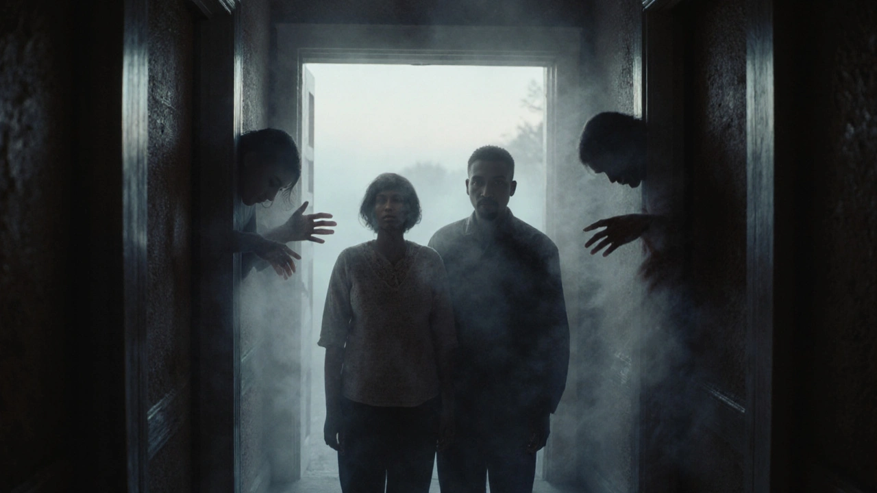 A refugee couple standing in a haunted house, surrounded by shadowy, oppressive forces.