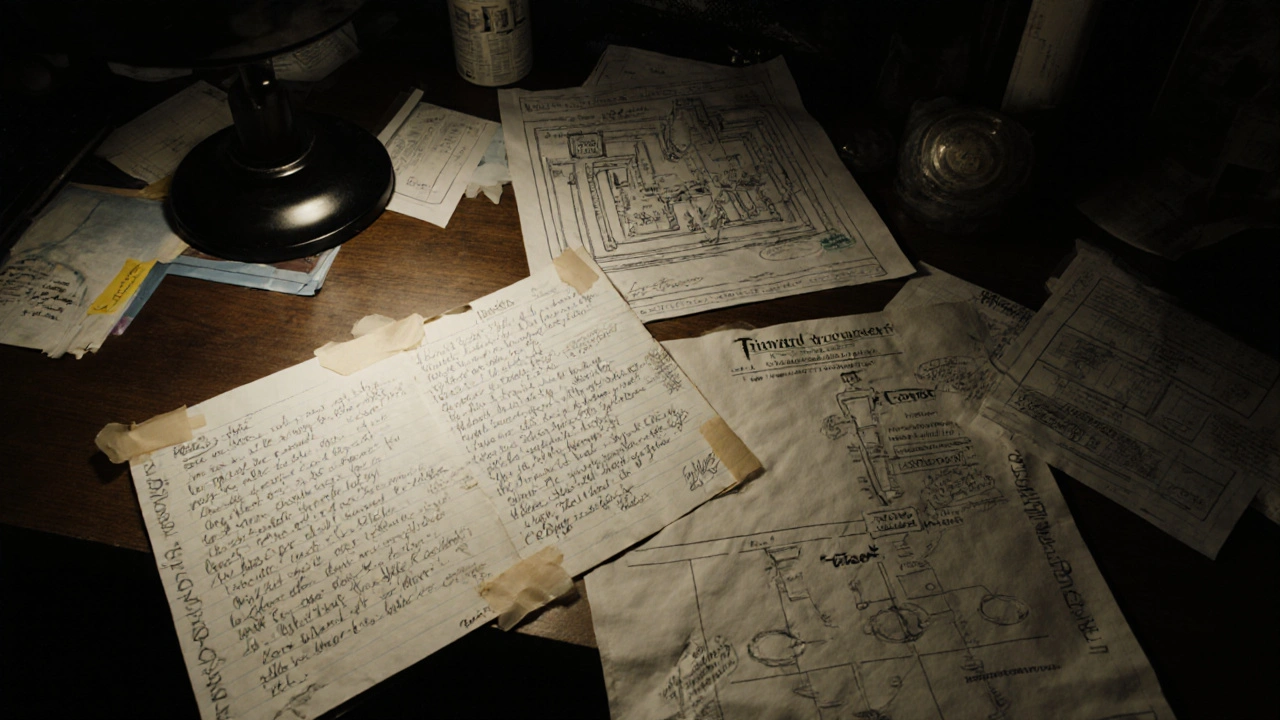 A screenwriter working at a desk with cut-up novel pages and storyboards.