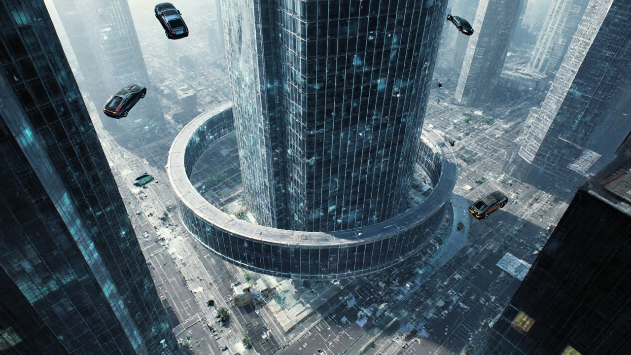 A skyscraper folding into a vertical loop with floating debris and reversed gravity, creating a surreal, disorienting cityscape.