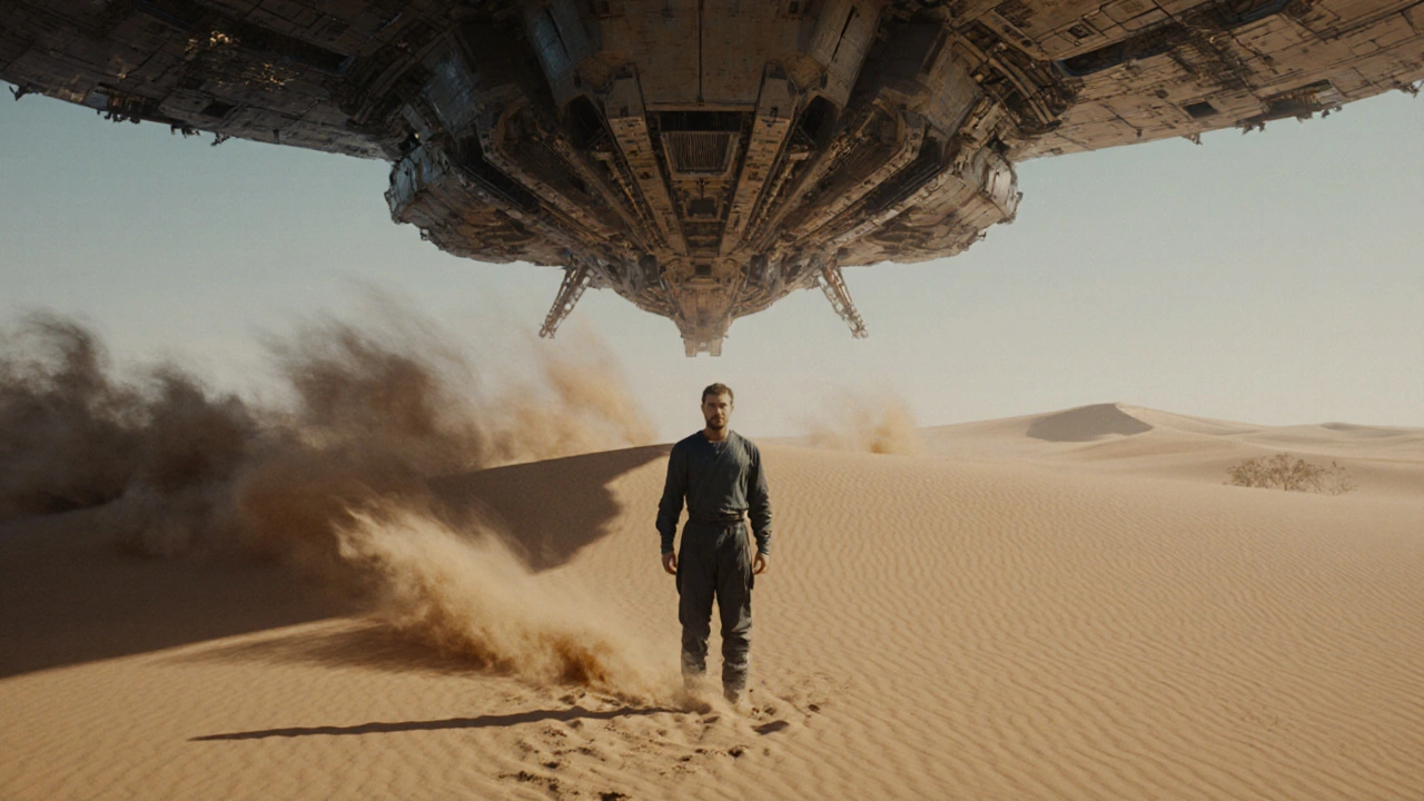 A solitary figure on a desert dune beneath a colossal spaceship in a silent landscape.