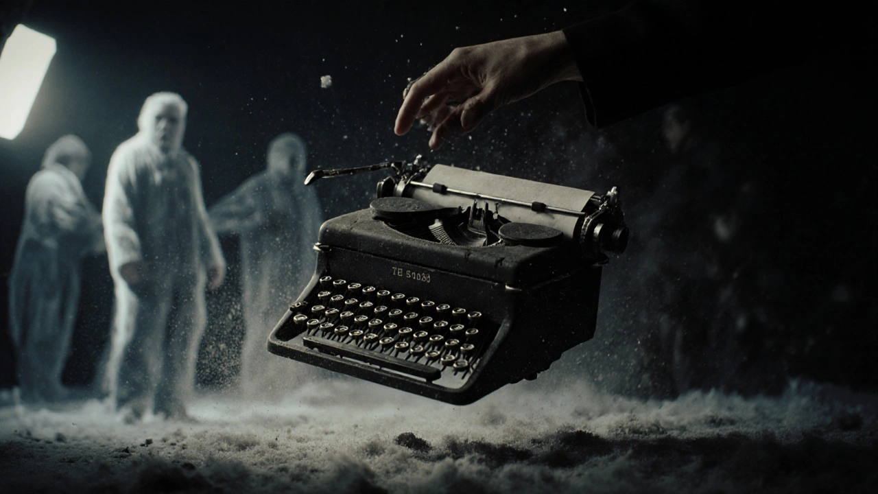 A vintage typewriter falls in slow motion, dust swirling, as crew members watch in tension on a film set.
