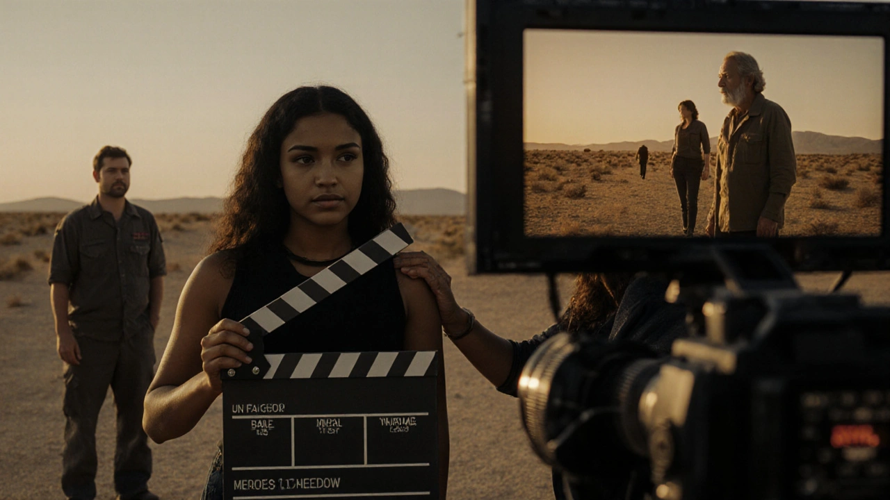 A young female director holds a clapperboard as a renowned mentor watches approvingly on set at dusk.