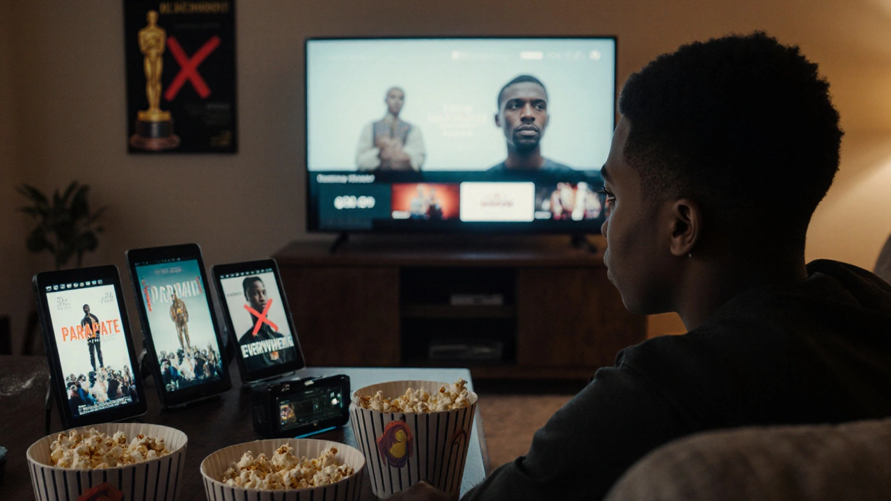 A young filmmaker watching diverse international films on a streaming screen at home, illuminated by TV light.