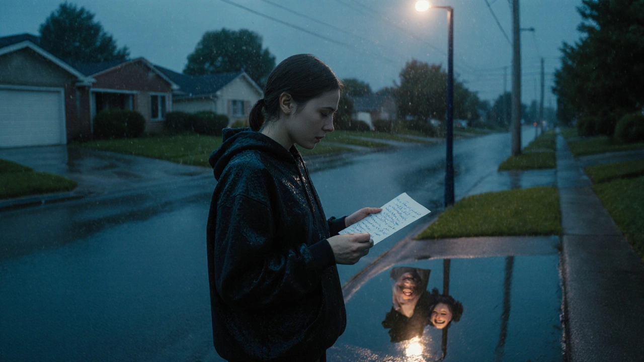 A young woman in rain-soaked clothing stands under a streetlamp, holding a letter, her older self reflected in a puddle.