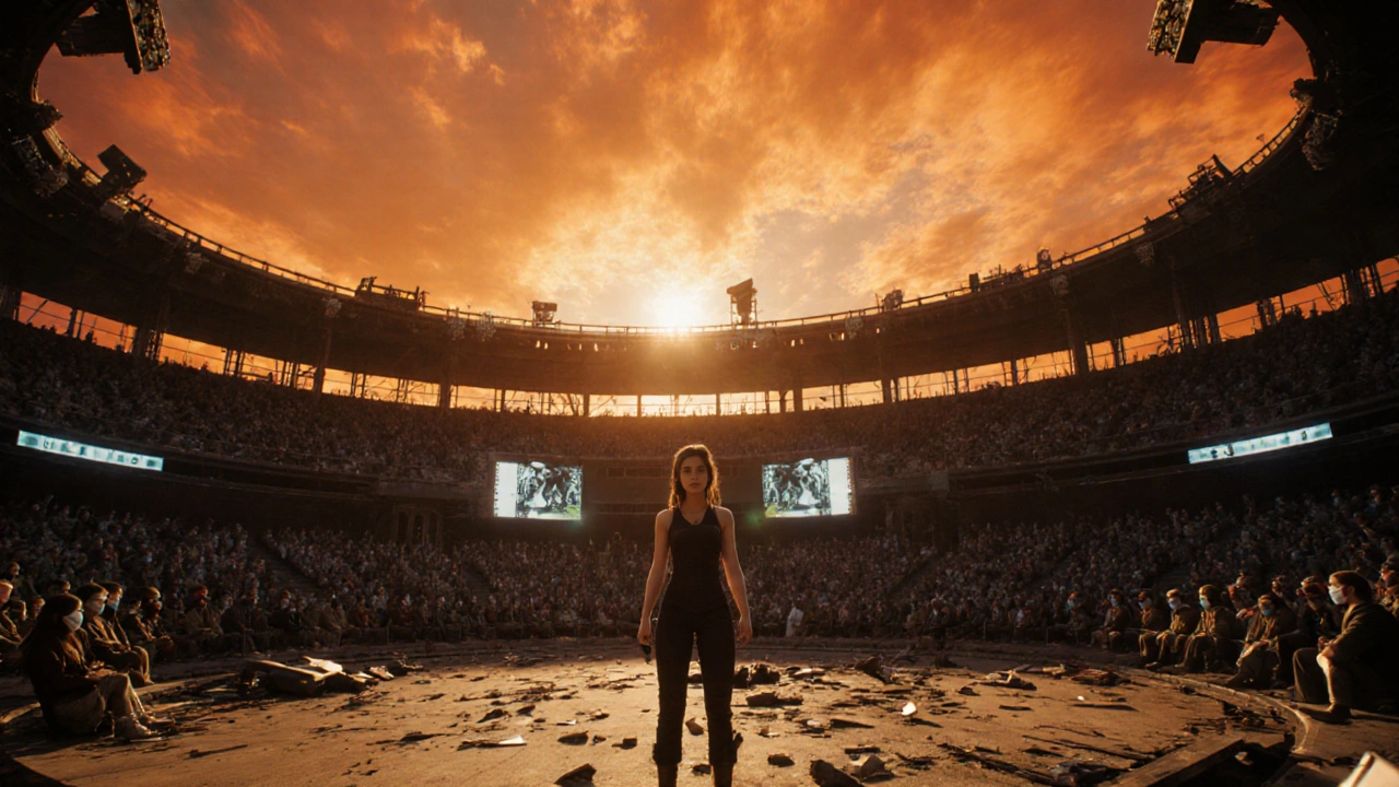 A young woman stands alone in a dystopian arena under a fiery sky, surrounded by spectators.