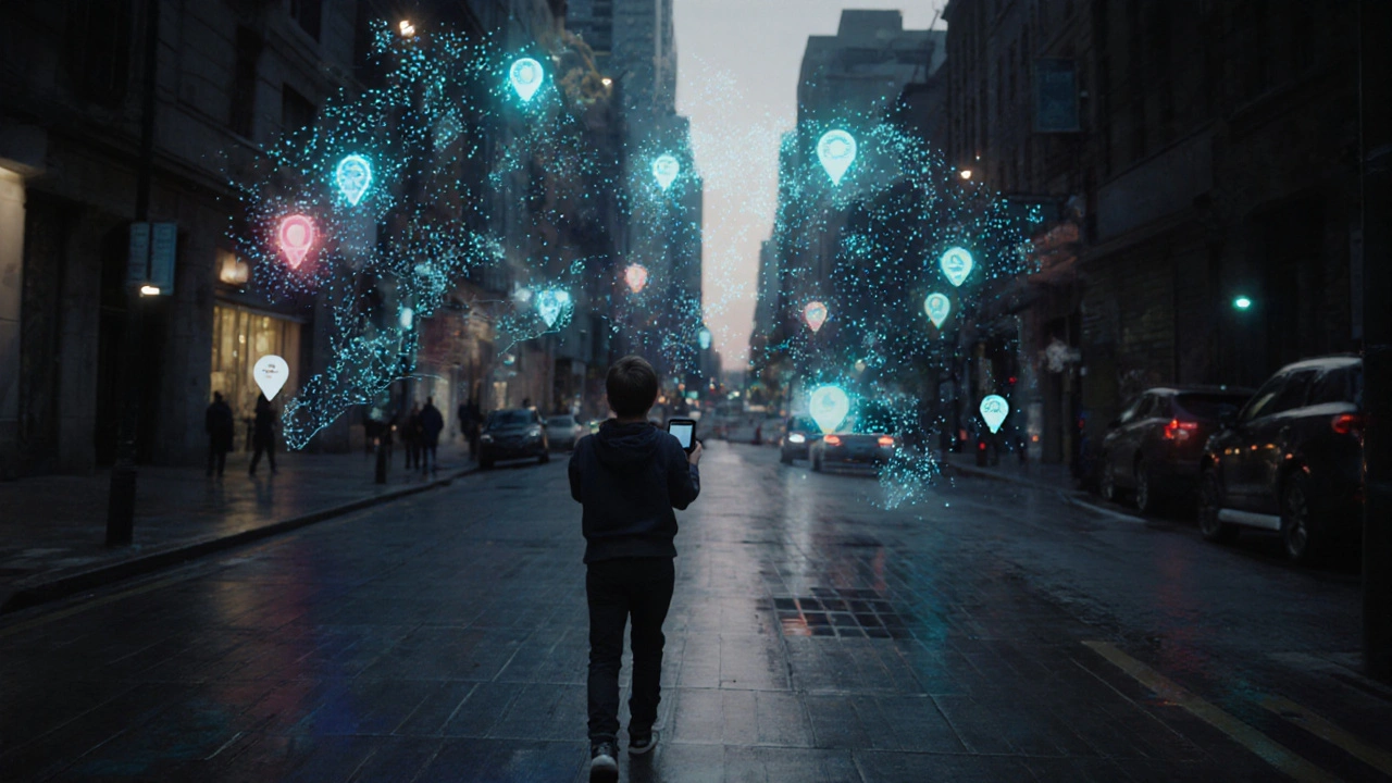 An AR app overlays crime data onto a city street as a viewer walks through the urban landscape.