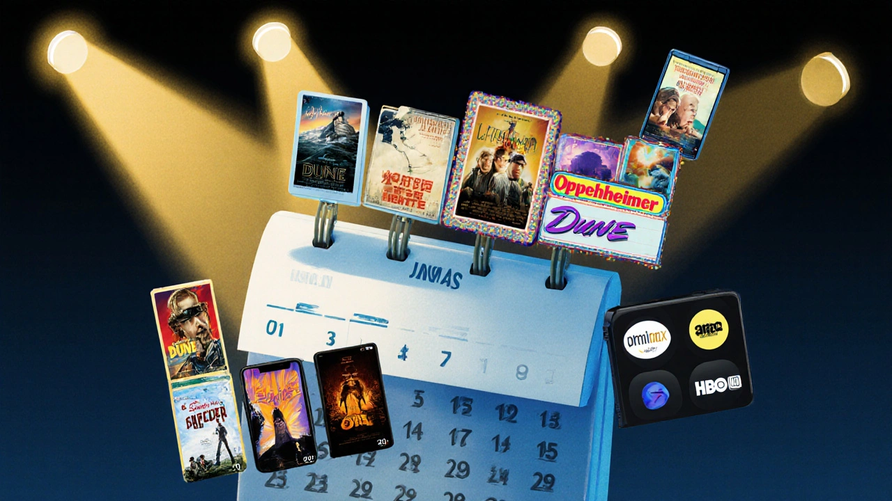 Calendar flipping from 90 to 30 days with film posters transitioning to streaming app icons.