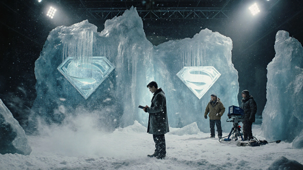 Clark Kent in a massive real-ice Arctic set, wind and snow swirling around him on the Superman: Legacy film set.