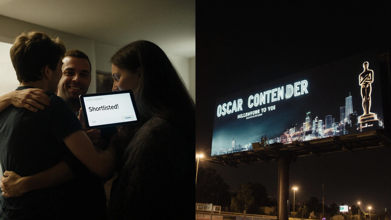 Contrasting scene: indie crew celebrates a shortlist notification while a blockbuster billboard fades to black.