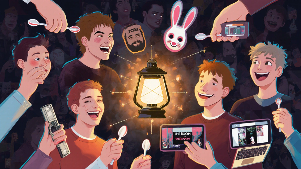 Diverse fans holding spoons, masks, and VHS tapes in a blend of analog and digital cult celebration