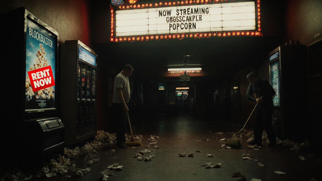 Empty movie theater lobby at dawn with a &#039;NOW STREAMING&#039; sign over a faded poster