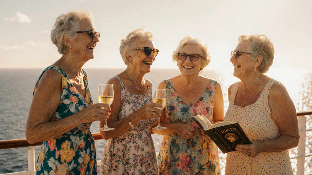 Four women in their 60s laughing together on a sunny cruise deck, one holding a book and another a wine glass.