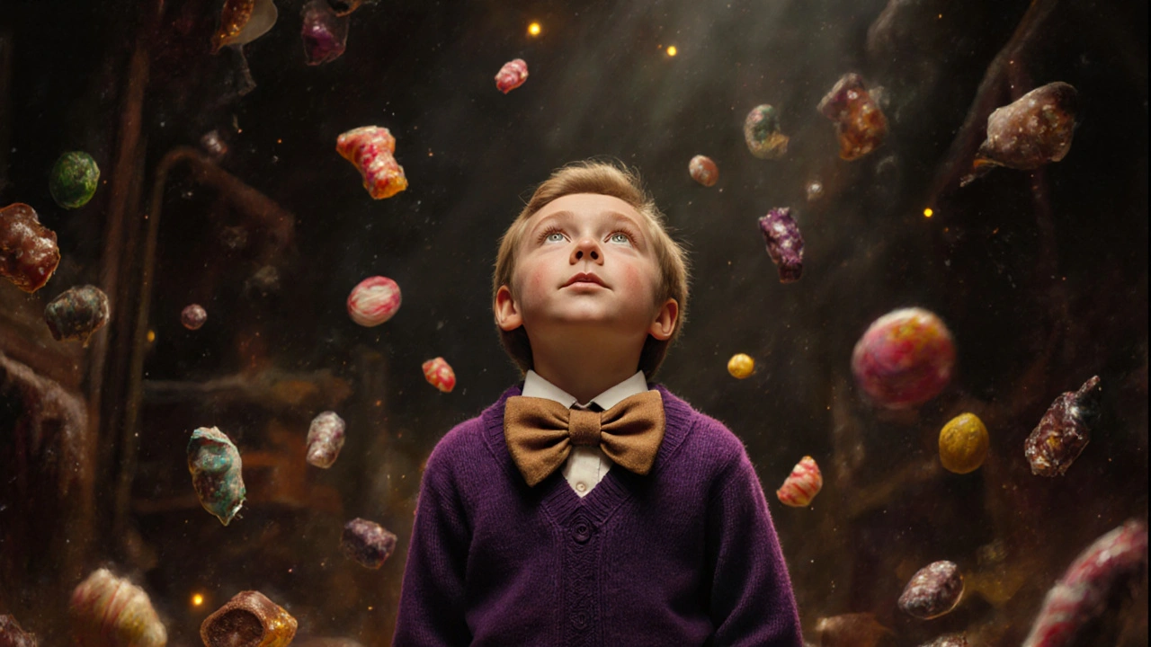 Freddie Highmore as Charlie Bucket gazing in wonder amid glowing candy in a dreamlike factory.
