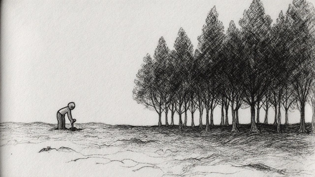 Hand-drawn pencil sketches slowly transform from barren land into a thriving forest in slow, silent motion.