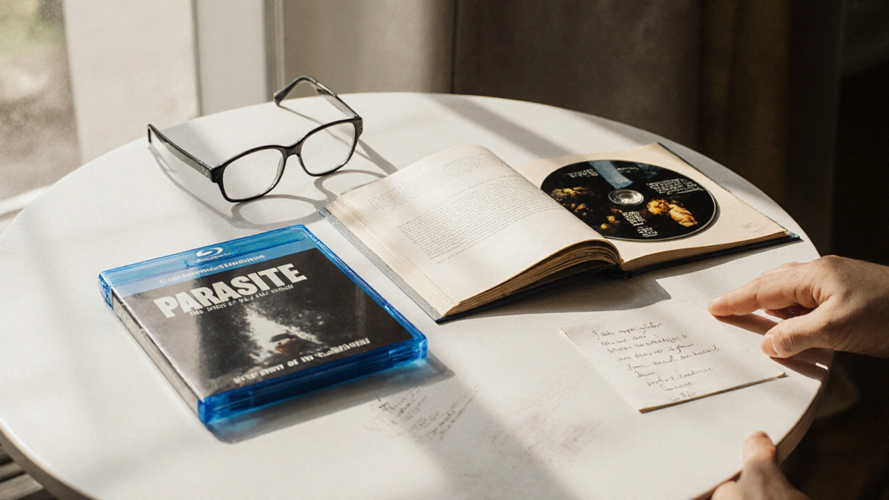 Physical media of international films with subtitles and cultural booklets on a wooden table under natural light.