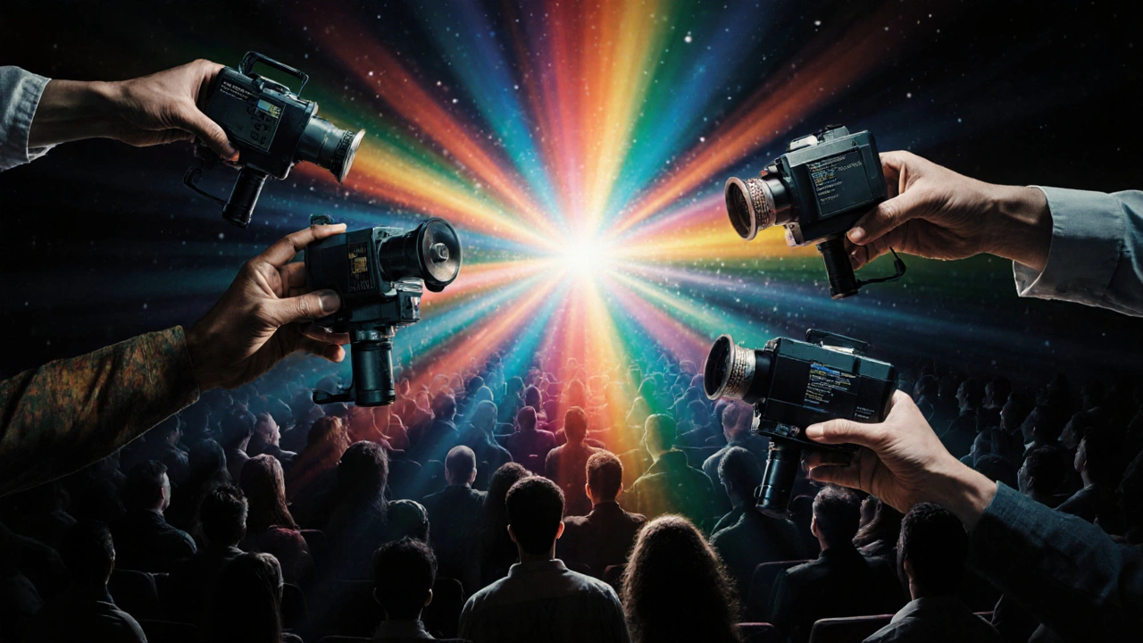 Rainbow light beams from global film projectors converge above a silent audience, symbolizing unity in queer cinema.