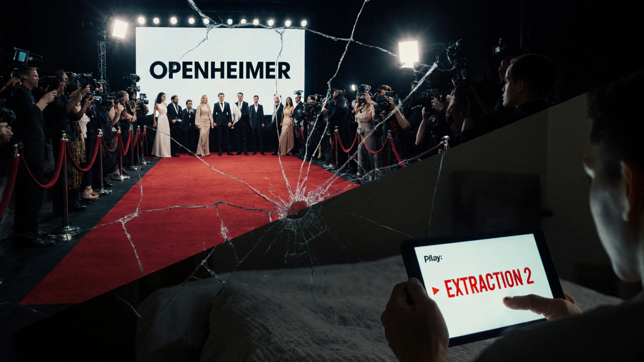 Red carpet premiere above, quiet streaming at home below, separated by a cracked glass barrier