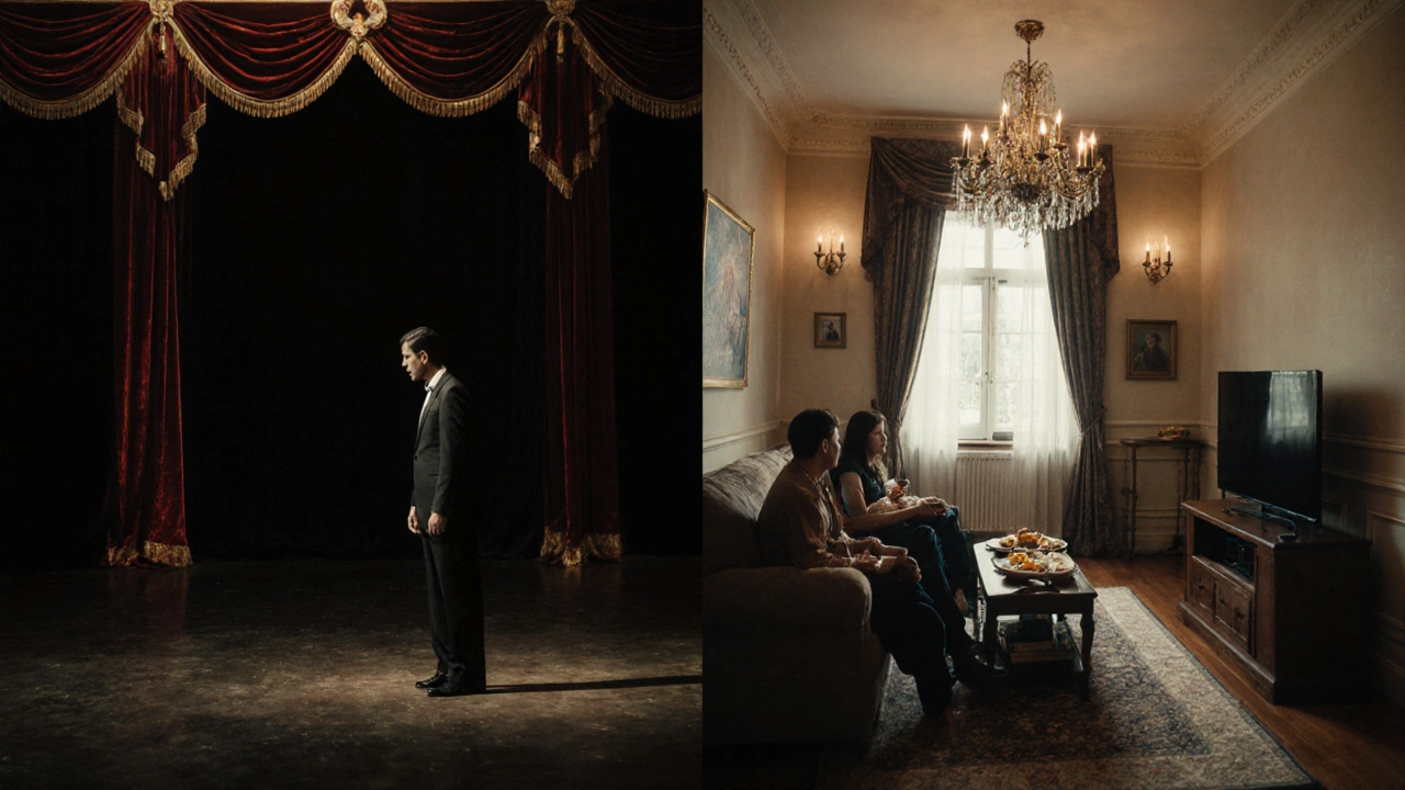 Split scene: empty historic theater vs. family watching film comfortably at home.