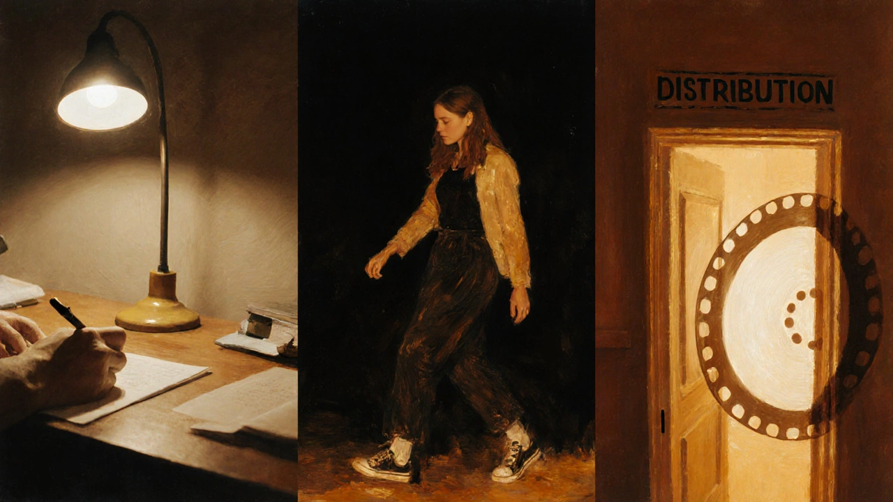 Symbolic scenes of a woman’s journey from writing to directing to distribution, rendered in soft light.