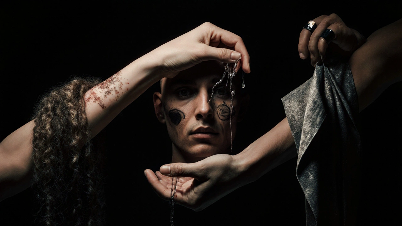 Three hands symbolizing hair, makeup, and wardrobe intertwine to form a character’s evolving face in a surreal painting.