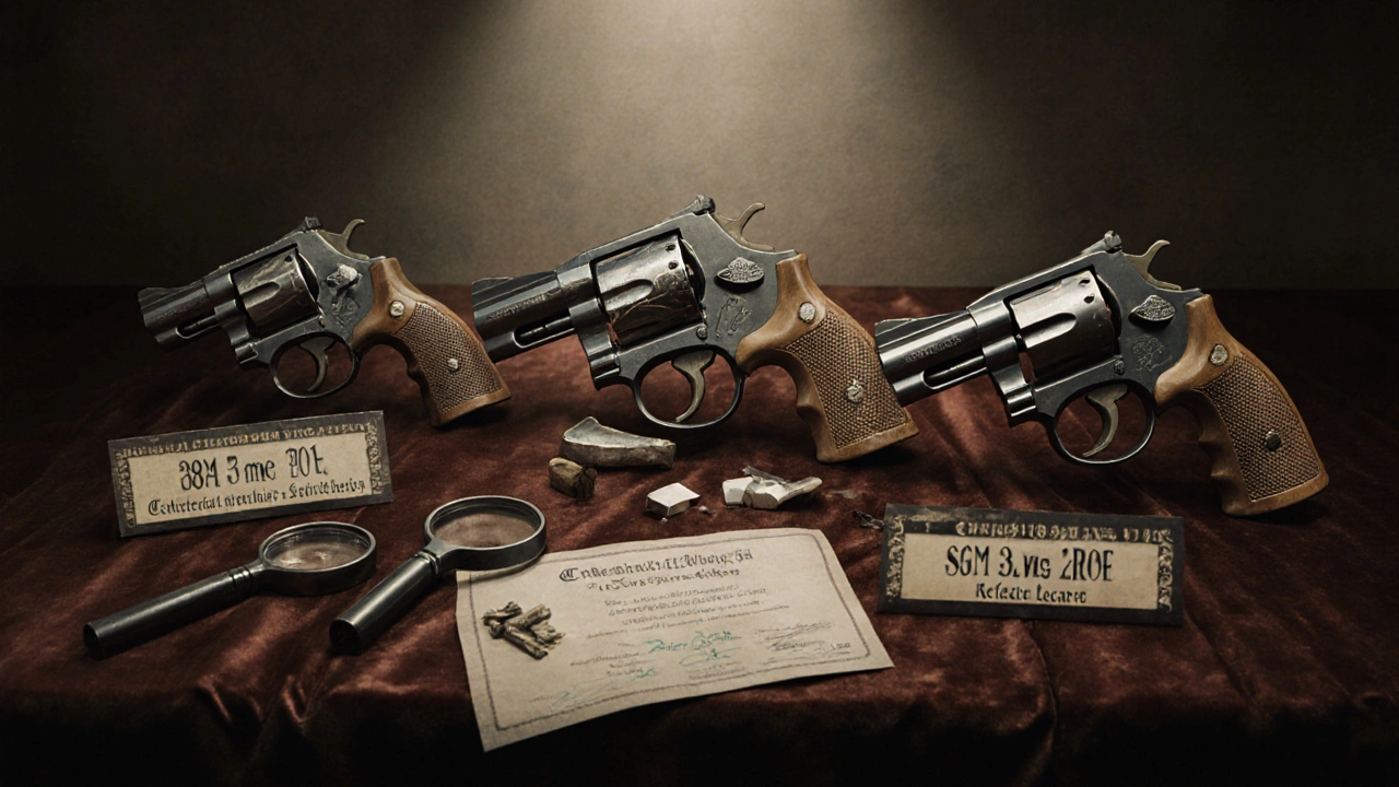 Three versions of a revolver—new, worn, broken—displayed with labels and repair tools on a velvet table.
