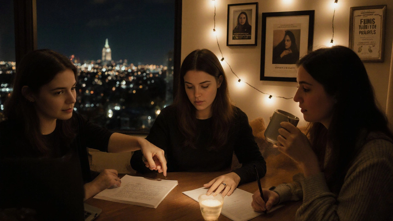 Three women review a script together in a cozy living room lit by string lights and laptop glow.