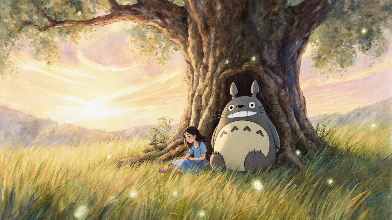 Two girls under a giant tree with glowing dust spirits, soft watercolor style, wind rustling grass in Studio Ghibli’s signature calm.
