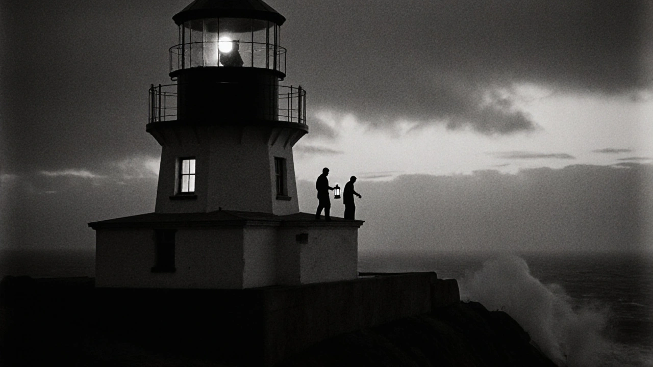 Two silhouettes stand atop a fog-shrouded lighthouse at twilight, one holding a lantern.