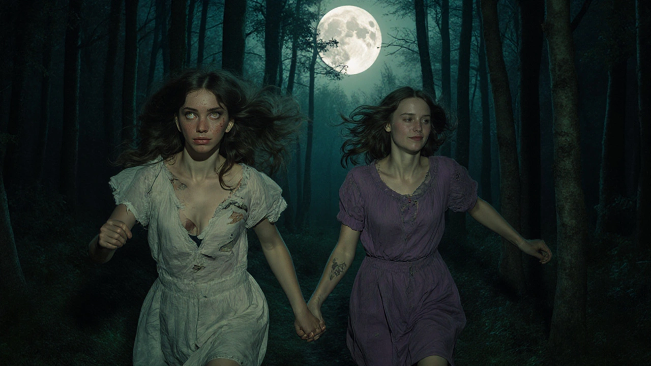 Two women running through a moonlit forest, one glowing with supernatural energy, free and unafraid.
