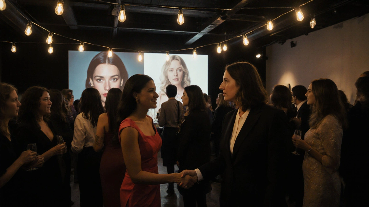 Women filmmakers network at a film festival mixer, one being introduced to a studio executive.