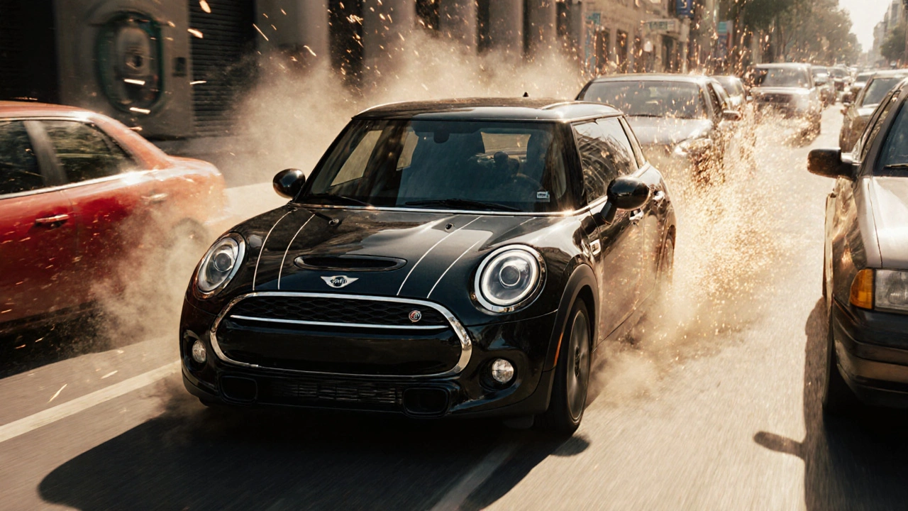 A black Mini Cooper speeds through city traffic during a daring escape, surrounded by swirling dust and motion.