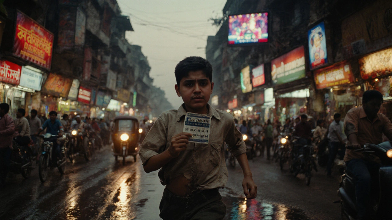 A boy runs through a bustling Mumbai street at dusk, clutching a lottery ticket.