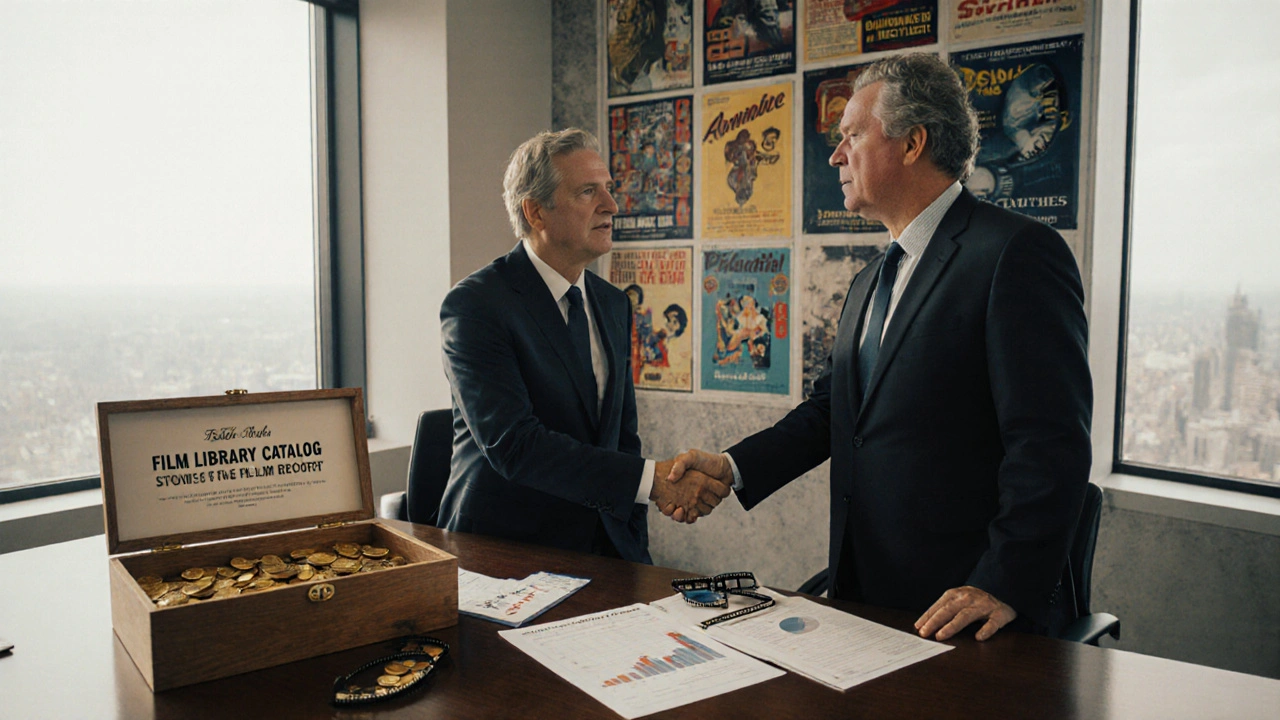 A business handshake over a film library catalog, with gold coins and financial charts symbolizing long-term value.