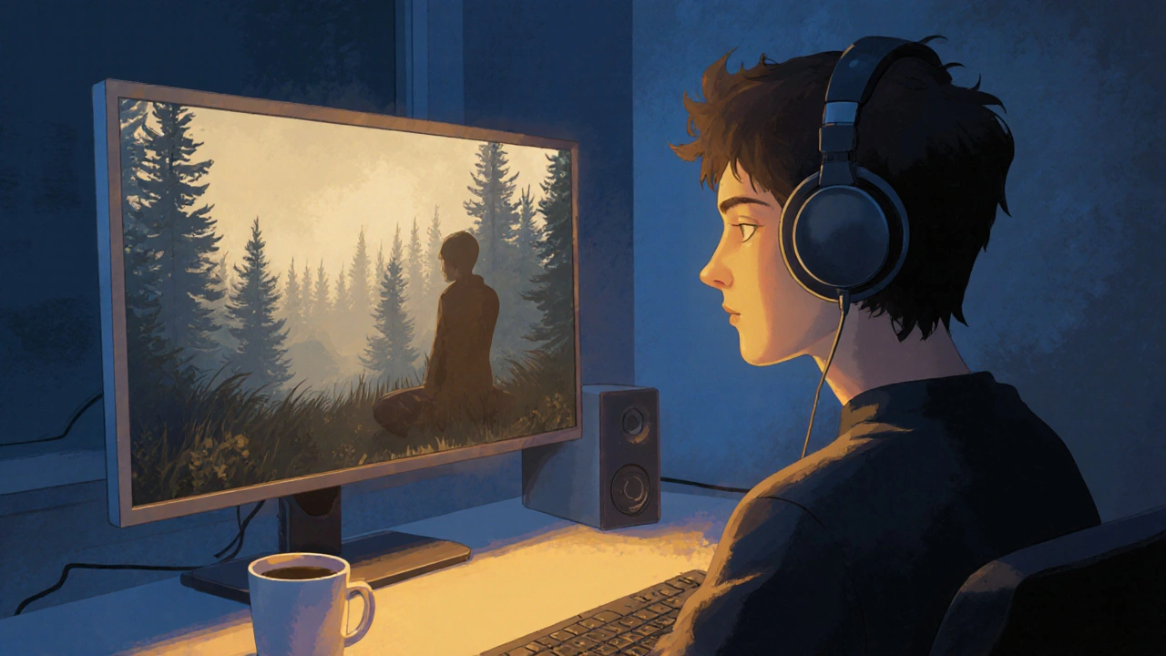 A calm streamer in a quiet room, indie drama playing on monitor while a peaceful game runs in background, soft lighting creating a reflective mood.