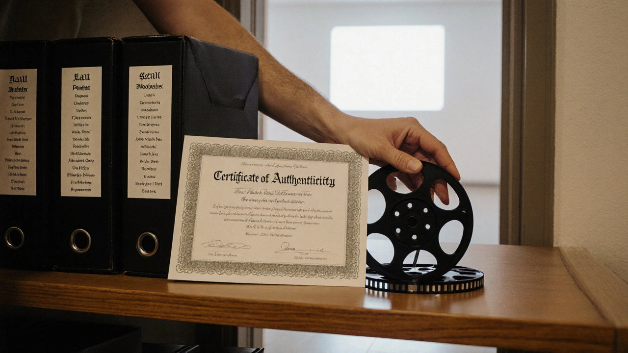 A certificate and 16mm film reel on a shelf, with a distant gallery projection visible behind.
