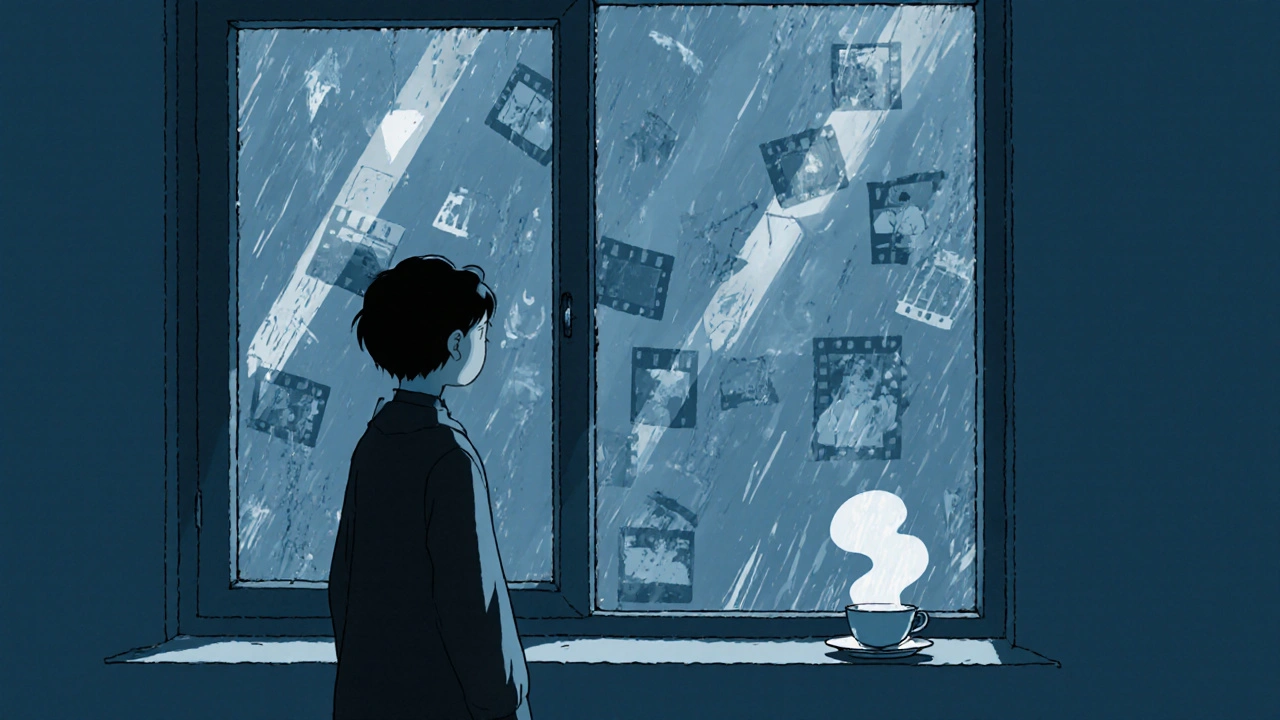 A character stares out a rain-streaked window, memories flickering in the glass.