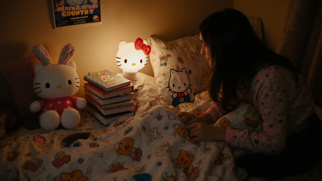 A child&#039;s bedroom at night with Hello Kitty plush and movie poster, parent tucking in bed.