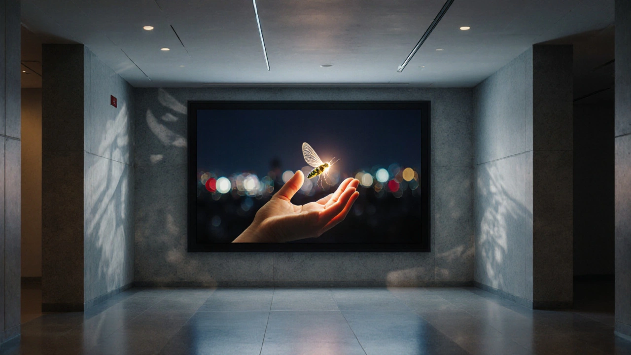 A child&#039;s hand holding a flickering firefly, projected on a city billboard at night.