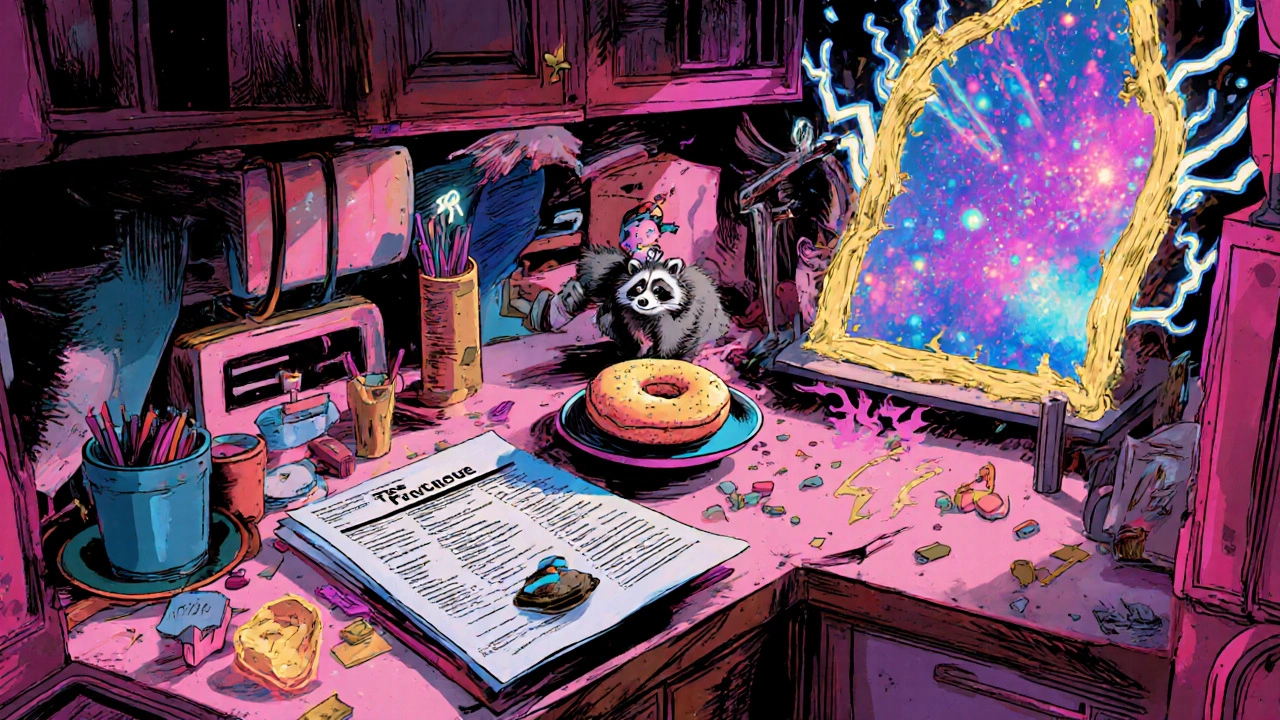 A cluttered kitchen counter with a bagel, tax form, portal, and raccoon in a hat, bursting with color.
